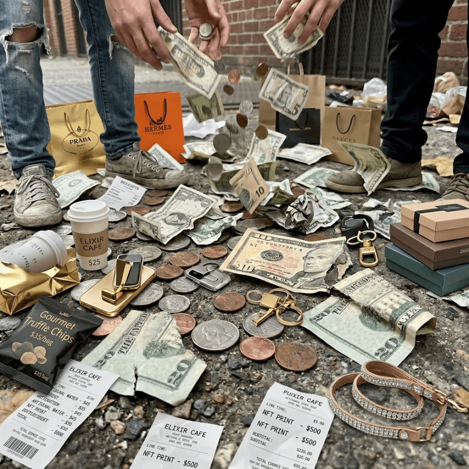 Assorted U.S. coins and crumpled dollar bills scattered on a rough asphalt ground